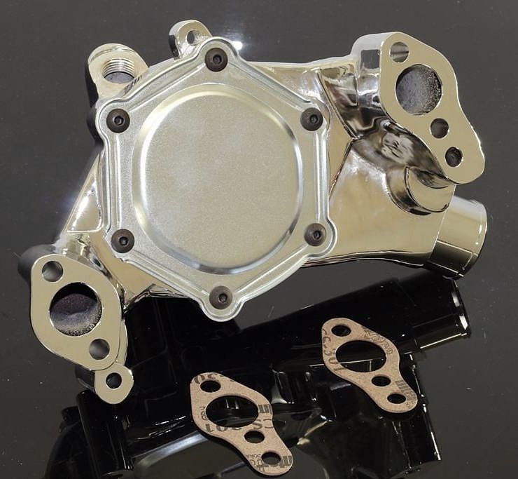 SBC CHEVY 305 350 LONG REVERSE ROTATION CHROME ALUMINUM WATER PUMP HC